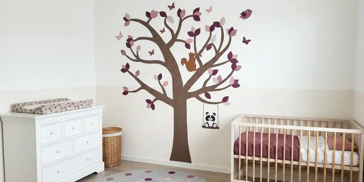 Grote behang muurdecoratie van een boom zacht roze en paars tinten in een neutrale meisjes babykamer.